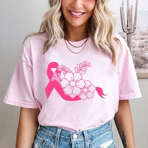 Pink Ribbon Floral Shirt, Cancer Survivor Shirt, Breast Cancer Awareness Shirt, Pink Glitter Ribbon Shirt, Breast Cancer Awareness