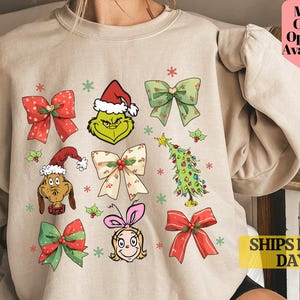 Grinchmas Coquette Bow Sweatshirt, Green Fur Sweatshirt, Santa Hat Sweatshirt, Grinchmas Sweatshirt, Christmas Lights Bow, Funny Christmas.