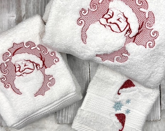 Juego de toallas de baño navideñas bordadas – Diseño artesanal de cara y gorro de Papá Noel
