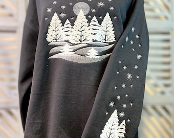 Embroidered Winter Forest Sweatshirt: Tree Sleeve Detail, Nature Lover Gift