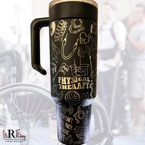 May include: Black travel mug with a handle and a silver design featuring physical therapy-related icons and the words "PHYSICAL THERAPY." The bottom of the mug reads "YOU CAN'T SPELL PARTY WITHOUT PT."