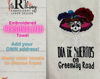 Colorful Dia De Muertos Embroidered Tea Towel: Festive Halloween Gift Idea