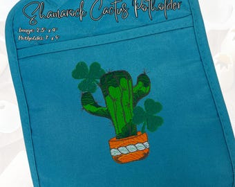 Agarradera bordada con forma de trébol y cactus: decoración de cocina para el Día de San Patricio