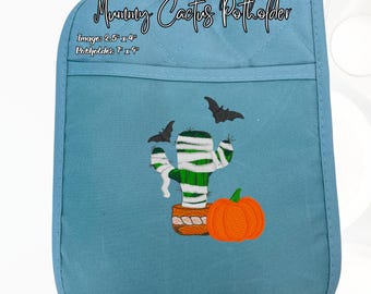 Agarradera de Halloween con forma de momia y cactus: Calabaza y murciélagos bordados - Decoración de cocina del suroeste