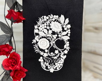 Toalla de té de calavera de azúcar floral bordada, decoración de cocina del Día de los Muertos