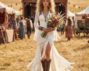 May include: A long-sleeved white lace dress featuring a deep V-neckline, a high front slit, and long fringe trim along the hem and sleeves. The dress is paired with brown leather cowboy boots, a layered turquoise necklace, and a bouquet of wildflowers.