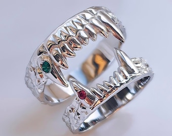 Sterling Silver Couple Rings Set: Teeth Design, Sparkling Diamond Accents