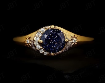 Blue Sandstone Diamond Summer Jewelry, Moon Crescent Engagement Ring Diamond Moon and Star Ring Minimalist Christmas Gift, Personalized Gift