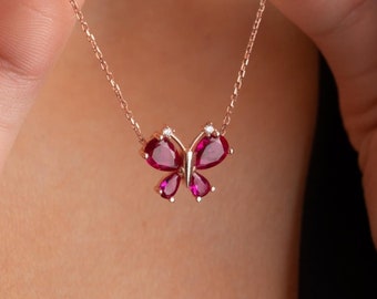 Collar de mariposa con zafiro rosa, delicado colgante de piedra preciosa, joyería de mariposa de plata de ley, regalo romántico para ella.