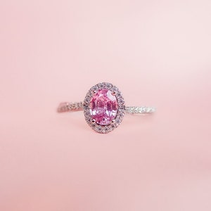 Pink Sapphire Ring: Oval Halo, Sterling Silver Engagement Ring