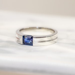 Emerald Cut Sapphire Vintage Ring Halo Blue Sapphire Ring 925 Sterling Silver Bridal Wedding Ring Gift For Men Handmade Gift Genuine Ring