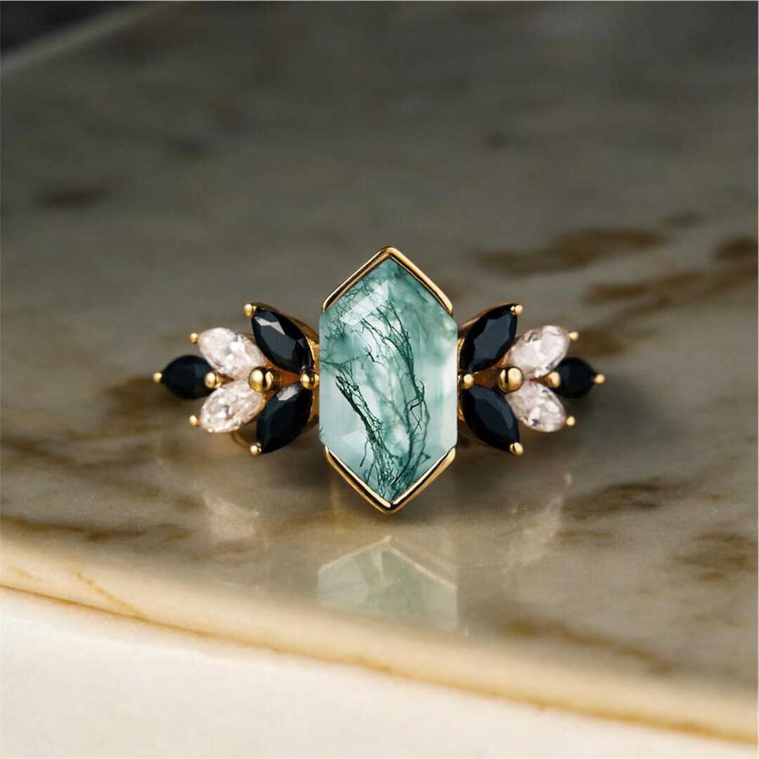 Vintage Moss Agate Engagement Ring Art Deco Promise Ring 14K White Gold ...
