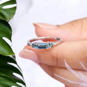 Teal Sapphire Ring: Baguette Sterling Silver Engagement Ring