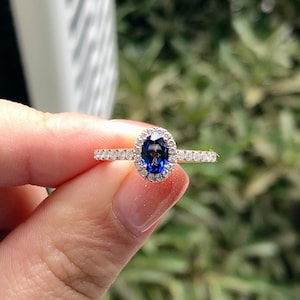 Blue Sapphire Engagement Ring: Oval Halo, Sterling Silver Wedding Ring