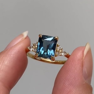Teal Sapphire Engagement Ring: Emerald Cut, Sterling Silver, Vintage Style