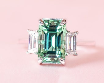 Emerald Cut Mint Green Tourmaline Ring: Sterling Silver Engagement Ring