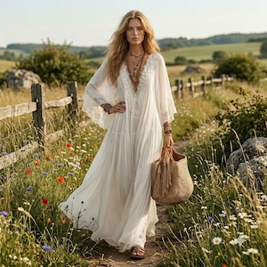 May include: A long, flowing white dress with a deep V-neckline, intricate lace trim along the bodice, and wide, loose sleeves. The dress features a tiered skirt design and is paired with a large, woven tan straw tote bag with fringe details.