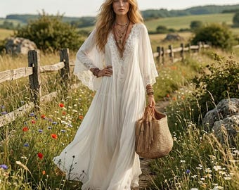 Puede incluir: Un vestido largo y fluido de color blanco con un escote en V profundo, ribetes de encaje intrincados a lo largo del corpiño y mangas anchas y sueltas. El vestido presenta una falda escalonada y se combina con un bolso de paja beige.