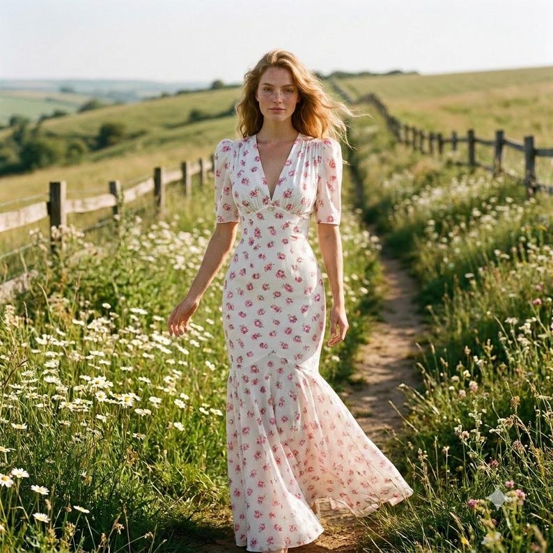 May include: A floor-length white dress featuring a small pink floral pattern, a deep V-neckline, and short puff sleeves. The garment has a fitted bodice that transitions into a flared skirt with a dropped waist seam, creating a flowing silhouette.