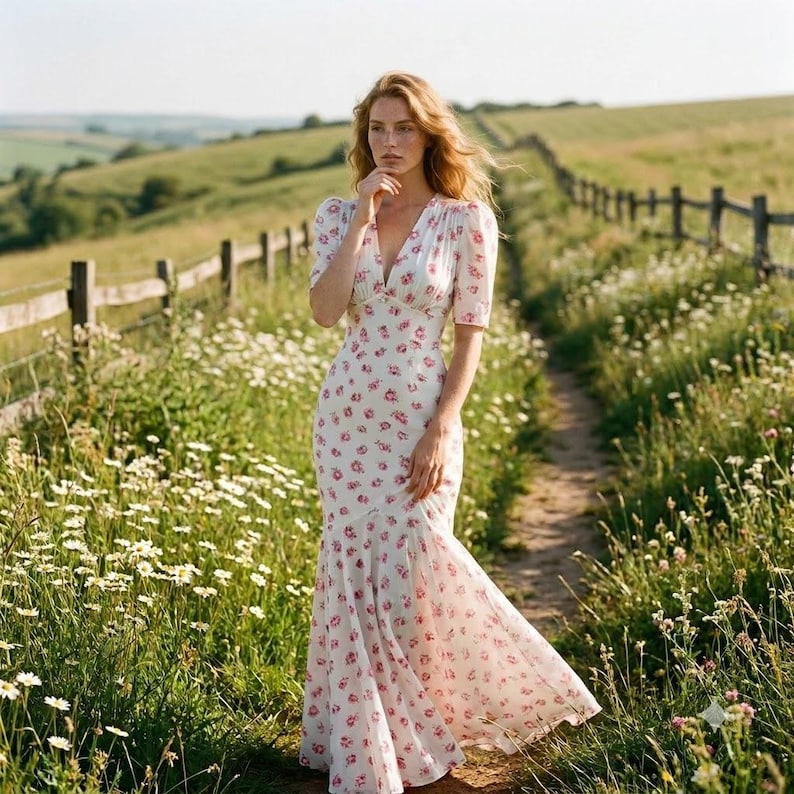 May include: A floor-length white dress featuring a small pink floral pattern, short sleeves, and a V-neckline. The garment has a fitted bodice that transitions into a flared, flowing skirt that reaches the ground, creating a long silhouette.