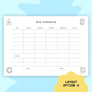 Puede incluir: Una plantilla de horario escolar imprimible en blanco y negro con las palabras alemanas "Mein Stundenplan" (Mi horario) en la parte superior. La plantilla tiene columnas para la hora, el lunes, el martes, el mi&eacute;rcoles, el jueves y el viernes. Hay espacios para el nombre y la clase en la parte inferior.