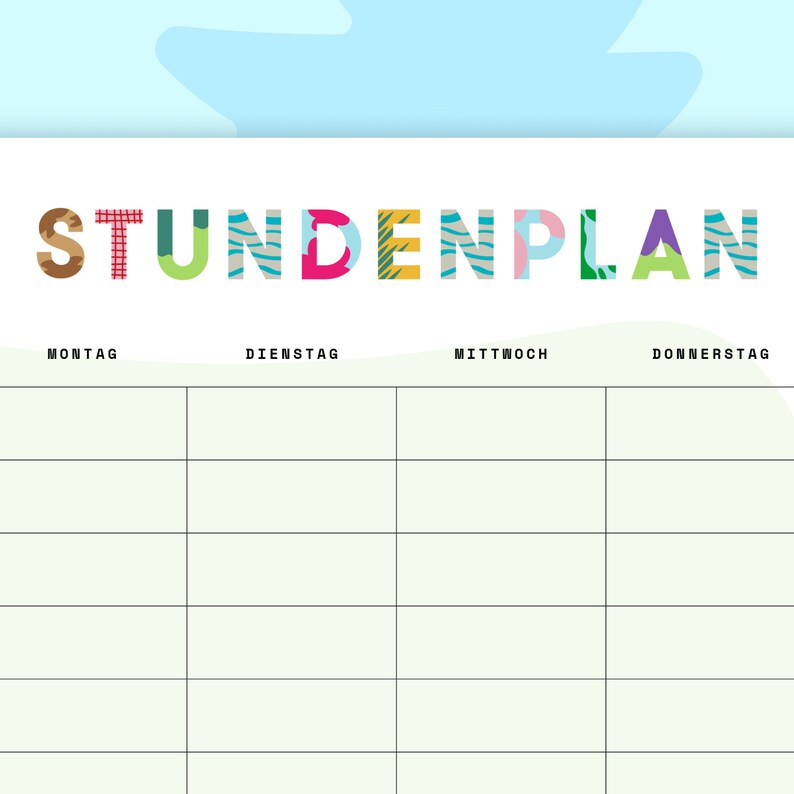 Puede incluir: Una plantilla de horario semanal imprimible con el t&iacute;tulo "STUNDENPLAN" en letras coloridas y estampadas. La plantilla est&aacute; dividida en cuatro columnas etiquetadas como "Montag", "Dienstag", "Mittwoch" y "Donnerstag".