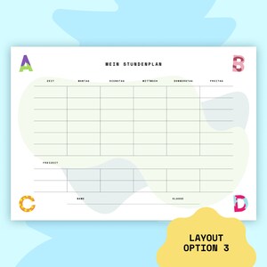 Puede incluir: Una plantilla de horario escolar imprimible con un dise&ntilde;o colorido. La plantilla incluye secciones para la hora, el d&iacute;a de la semana, el nombre y la clase. El texto "MEIN STUNDENPLAN" est&aacute; en la parte superior de la p&aacute;gina.