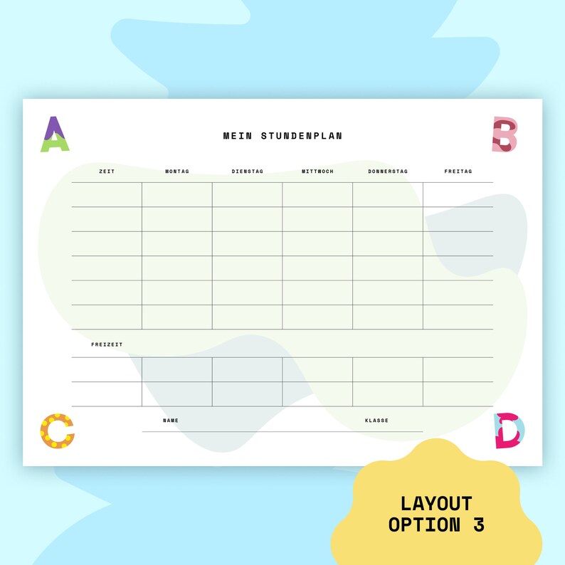 Puede incluir: Una plantilla de horario escolar imprimible con un dise&ntilde;o colorido. La plantilla incluye secciones para la hora, el d&iacute;a de la semana, el nombre y la clase. El texto "MEIN STUNDENPLAN" est&aacute; en la parte superior de la p&aacute;gina.