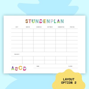 Puede incluir: Un horario escolar imprimible colorido con la palabra alemana "Stundenplan" en la parte superior. El horario est&aacute; dividido en columnas para cada d&iacute;a de la semana: lunes, martes, mi&eacute;rcoles, jueves y viernes. Hay filas para las franjas horarias y un espacio para el nombre del alumno y la clase.