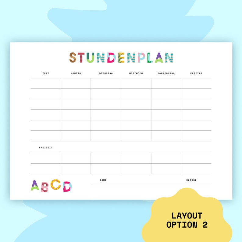 Puede incluir: Un horario escolar imprimible colorido con la palabra alemana "Stundenplan" en la parte superior. El horario est&aacute; dividido en columnas para cada d&iacute;a de la semana: lunes, martes, mi&eacute;rcoles, jueves y viernes. Hay filas para las franjas horarias y un espacio para el nombre del alumno y la clase.