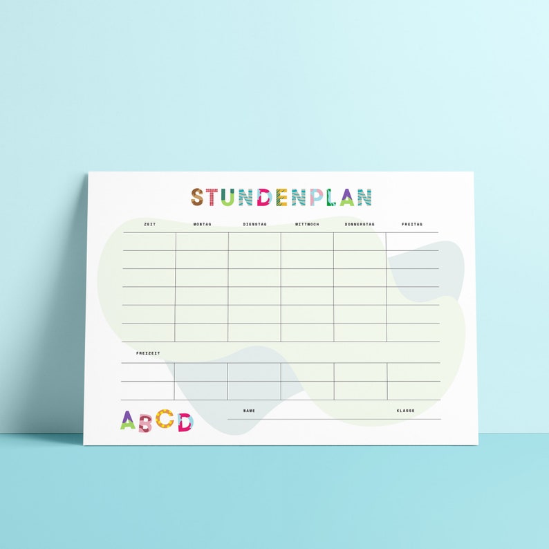 Puede incluir: Un horario imprimible blanco con el t&iacute;tulo "STUNDENPLAN" en letras de colores. El horario est&aacute; dividido en columnas para cada d&iacute;a de la semana, con filas para las franjas horarias. Tambi&eacute;n hay espacios para los nombres de las asignaturas, las clases y los profesores.