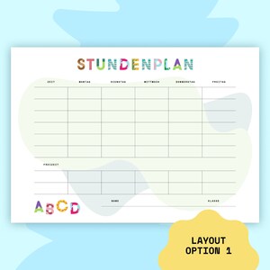Puede incluir: Una plantilla de horario escolar imprimible colorido con el t&iacute;tulo "STUNDENPLAN" en alem&aacute;n. La plantilla tiene columnas para la hora, el lunes, el martes, el mi&eacute;rcoles, el jueves y el viernes. Hay espacios para el nombre y la clase.