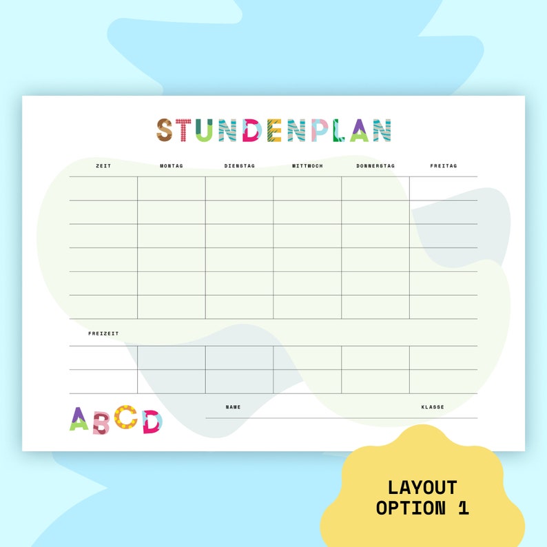 Puede incluir: Una plantilla de horario escolar imprimible colorido con el t&iacute;tulo "STUNDENPLAN" en alem&aacute;n. La plantilla tiene columnas para la hora, el lunes, el martes, el mi&eacute;rcoles, el jueves y el viernes. Hay espacios para el nombre y la clase.