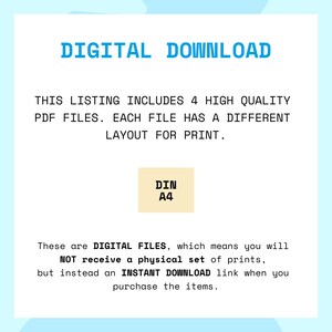 Puede incluir: Listado de descarga digital de 4 archivos PDF de alta calidad. Cada archivo tiene un dise&ntilde;o diferente para imprimir. Los archivos est&aacute;n en formato DIN A4.