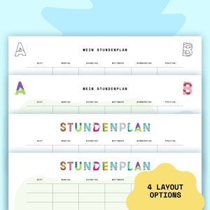 Puede incluir: Cuatro opciones de dise&ntilde;o diferentes para una plantilla de horario semanal. Las plantillas presentan un dise&ntilde;o geom&eacute;trico colorido con las palabras "Mein Stundenplan" y "Stundenplan" en alem&aacute;n. Las plantillas est&aacute;n dise&ntilde;adas para ser utilizadas con un bol&iacute;grafo o un l&aacute;piz.