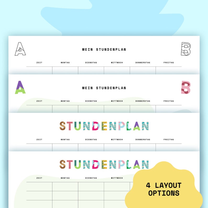 Puede incluir: Cuatro opciones de dise&ntilde;o diferentes para una plantilla de horario semanal. Las plantillas presentan un dise&ntilde;o geom&eacute;trico colorido con las palabras "Mein Stundenplan" y "Stundenplan" en alem&aacute;n. Las plantillas est&aacute;n dise&ntilde;adas para ser utilizadas con un bol&iacute;grafo o un l&aacute;piz.