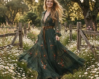 Boho maxiklänning, vintagetryckt klänning, långärmad lös klänning, klänning med nedåtgående krage, avslappnad bohoklänning, festklänning