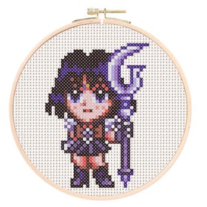 May include: Cross-stitch pattern of a purple-haired anime character holding a staff with a crescent moon on top. The character is wearing a dark purple dress with white accents and a pink bow. The background is white.