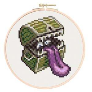 Puede incluir: Un bordado de punto de cruz de un cofre del tesoro verde con una lengua morada que sobresale. El cofre tiene una expresión de sorpresa con dos ojos blancos.