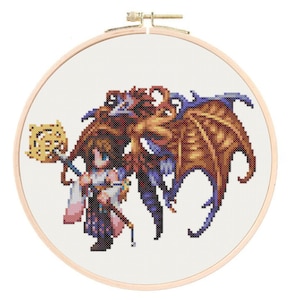 May include: Cross-stitch pattern featuring a female character with brown hair and a blue dress, holding a staff with a golden orb. She is standing in front of a large, brown and blue dragon with wings.