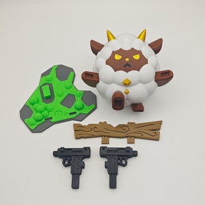 May include: A white fluffy sheep with brown eyes and gold horns, holding two black machine guns. The sheep is standing on a brown wooden log. There is a green and gray rock-like object in the background.