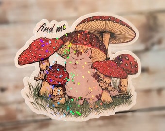 Mushroom cat sticker, cottagecore sticker for water bottle, mushroomcore gift for best friend, cat lover gifts, toadstool sticker, anime cat