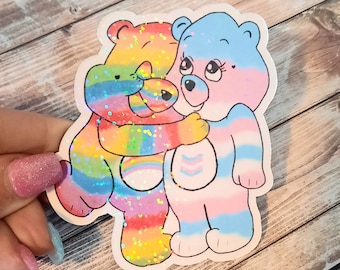 Gay and trans flag hugging bear magnet, pride magnet for fridge white board, colorful flexible magnet, rainbow gift for best friend, sticker