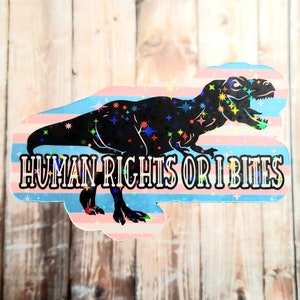human rights or I bites dino sticker, trans pride flag sticker for water bottle, t-rex gift for best friend, activist sticker paleontology