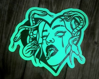 Glow in the dark Medusa sticker, medusa heart sticker, horror aesthetic sticker for waterbottle, scary gift for best friend, petrify sticker