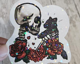 skeleton and cat sticker, cute black cat vinyl sticker for water bottle or laptop, spooky cat lover gifts, kooky cat lady gifts, witchy