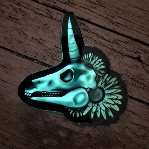 Glow in the dark unicorn skull sticker for water bottle, creepy gift for oddity lover, spooky season sticker for laptop, after dark sticker