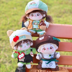 Three Adorable 20cm Plush Doll Clothing, Green Plaid Doll Suit, Cat Pattern, Cute Suit for Plush Doll