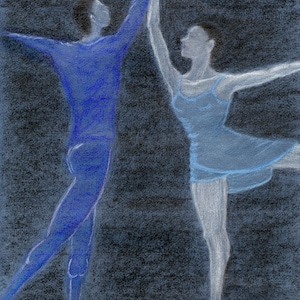 May include: A man and a woman in blue and white clothing are dancing on a dark background. The man is wearing a blue shirt and pants, and the woman is wearing a white dress. They are both holding hands and smiling.