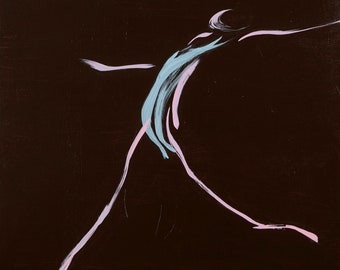 May include: Abstract painting of a person in pink and blue on a dark brown background. The person is in a dynamic pose with arms outstretched. The artist's signature is in the bottom right corner.